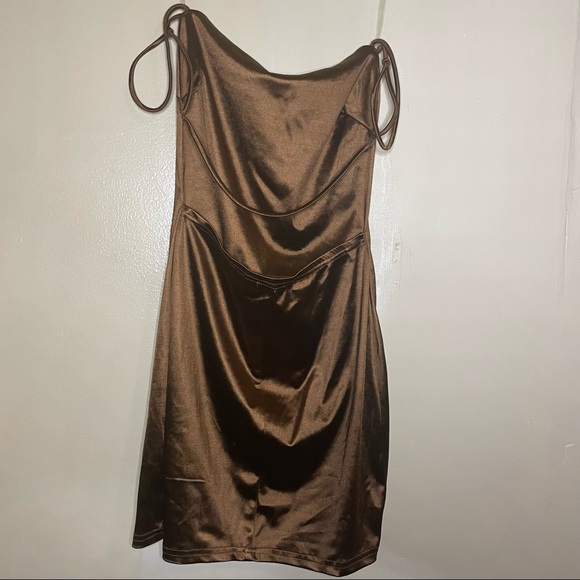 Brown Crowl Neck Mini Satin Dress - Picture 5 of 6